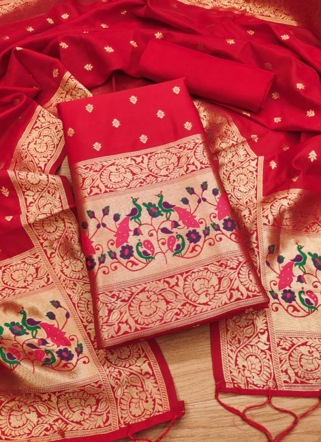 Banarasi Silk Red Festival Wear Weaving Dress Material